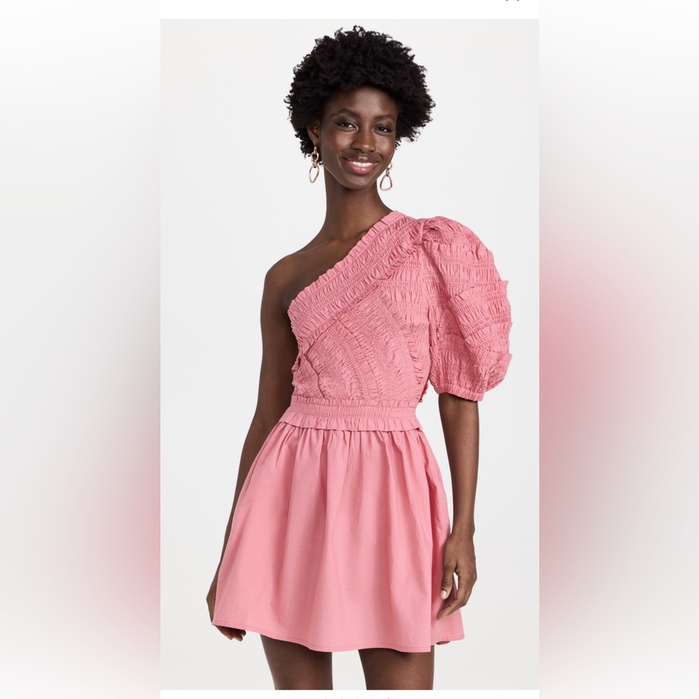Sea One Shoulder Mini Dress in Pink Coastal Mini Summer Vacation Puff Sleeve